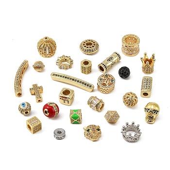 Brass Micro Pave Cubic Zirconia Beads, Mixed Shapes, Platinum & Golden, 3~32x7~14x3~14mm, Hole: 1.4~8.5mm