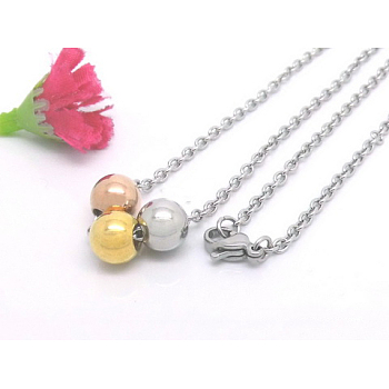Three-color 304 Stainless Steel Round Ball Necklaces, with Cable Chain and Lobster Claw Clasps, 19.69 inch(50cm), 8mm
