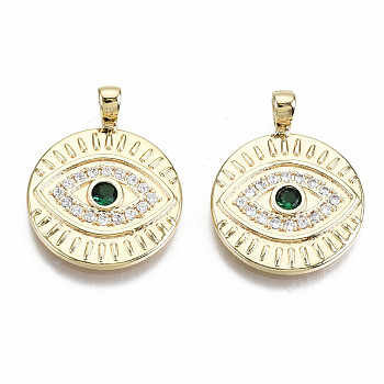 Brass Micro Pave Clear & Green Cubic Zirconia Pendants, Nickel Free, Flat Round with Eye, Real 18K Gold Plated, 21.5x17x2mm, Hole: 2x3mm