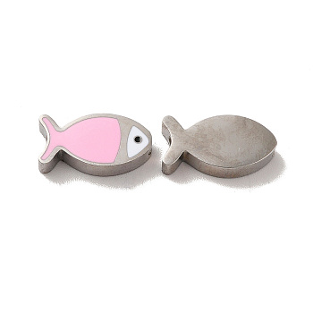 304 Stainless Steel Beads, with Enamel, Stainless Steel Color, Fish, Pink, 7x13.5x3mm, Hole: 1.8mm
