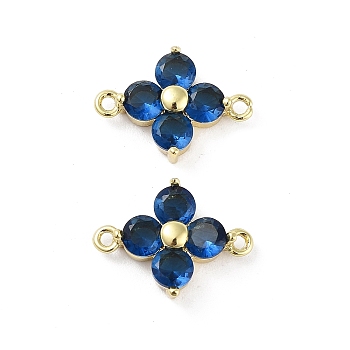 Rack Plating Brass Pave Cubic Zirconia Connector Charms, Flower Links, Real 18K Gold Plated, Long-Lasting Plated, Lead Free & Cadmium Free, Midnight Blue, 13.5x10x4mm, Hole: 1mm