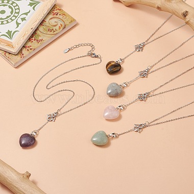 5Pcs 5 Style Natural Mixed Gemstone Heart Lariat Necklaces Set(NJEW-JN04269)-7