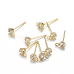 Brass Post Earring Findings, with Loop and Rhinestone, Cadmium Free & Lead Free, Golden, about 4mm wide, 15mm long, hole: 0.5mm, Pin: 0.8mm(EC592-G)