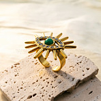 304 Stainless Steel Rhinestone Cuff Open Rings, Evil Eye, with Synthetic Turquoise, Real 18K Gold Plated, 18mm(RJEW-H269-04G)