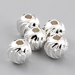 Brass Beads, Cadmium Free & Lead Free, Long-Lasting Plated, Corrugated Round, 925 Sterling Silver Plated, 8x7mm, Hole: 2mm(KK-O133-315G-S)