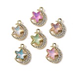 UV Plating Alloy Glass Pendants, Moon with Star Charm, with Rhinestone, Faceted, Mixed Color, Golden, 18.5x15x6mm, Hole: 1.8mm(FIND-K032-25G)