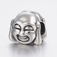 304 Stainless Steel European Beads, Large Hole Beads, Buddha, Antique Silver, 11x11.5x12mm, Hole: 5mm(STAS-H440-106AS)