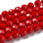 Opaque Glass Beads Stands, Faceted(32 Facets), Round, Red, 8mm, Hole: 1mm, about 65~67pcs/strand, 49~50cm(EGLA-A035-P8mm-D16)