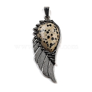 Natural Dalmatian Jasper Big Pendants, Wing Charms with Alloy Findings, Antique Silver, 56.5~57x22.5~23x7~8mm, Hole: 4x8.5mm(G-G112-02AS-07)