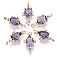 Glass Links connectors, with Brass Micro Pave Cubic Zirconia, Faceted, Teardrop, Light Gold, Blue Violet, 18x9.5x4.5mm, Hole: 1.2mm(X-GLAA-T021-05B-11)