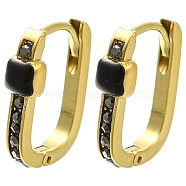 Ion Plating(IP) 304 Stainless Steel Enamel Rectangle Hoop Earrings, with Rhinestone, Real 14K Gold Plated, Black, 15.5x11.5x4mm(EJEW-I316-05G-02)