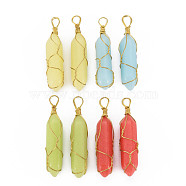 Synthetic Fluorite Double Terminated Pointed Pendants, with Golden Tone Brass Wire Wrapped, Bullet, Mixed Color, 43~44.5x10~11x9~10.5mm, Hole: 3x4mm(G-N0326-97)