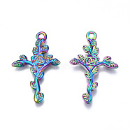 Ion Plating(IP) 201 Stainless Steel Pendants, Cross with Flower, Rainbow Color, 30x18.5x1.5mm, Hole: 1.8mm(STAS-N098-063M)