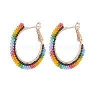 Japanese Seed Braided Beaded Hoop Earrings, Light Gold Brass Wire Wrap Jewelry for Women, Colorful, 35x33x2mm, Pin: 0.7mm(EJEW-MZ00006)