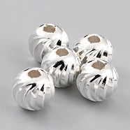 Brass Beads, Long-Lasting Plated, Corrugated Round, 925 Sterling Silver Plated, 8x7mm, Hole: 2mm(KK-O133-315G-S)