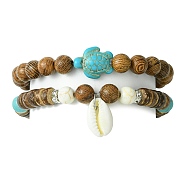 2Pcs 2 Style Synthetic Turquoise Tortoise & Natural Coconut Stretch Bracelets Set, Natural Shell Charms Stackable Bracelets, Inner Diameter: 2-1/8 inch(5.5cm), 1Pc/style(BJEW-JB09808)