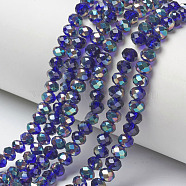 Electroplate Glass Beads Strands, Half Plated, Rainbow Plated, Faceted, Rondelle, Blue, 4x3mm, Hole: 0.4mm, about 123~127pcs/strand, 16.5~16.9 inch(42~43cm)(EGLA-A034-T4mm-J07)