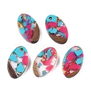 Transparent Resin and Walnut Wood Pendants, Oval Charms with Gold Foil, Deep Pink, 22x12.5x3.5mm, Hole: 2mm(RESI-T057-03K)