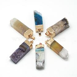 Natural Druzy Agate Pendants, with Brass Findings, Dyed, Cuboid, Golden, Mixed Color, 49~53x14~16x13~16mm, Hole: 7x4mm(G-Q494-18)