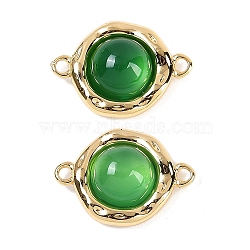 Brass Pave Natural Green Onyx Agate(Dyed & Heated) Flat Round Links Connector Charms, Real 18K Gold Plated, 18x13x5.5mm, Hole: 1.6mm(KK-U043-45G-A)