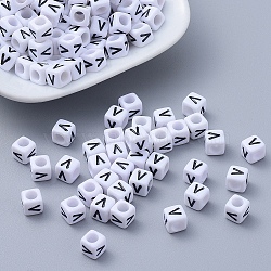 Letter V Cube Acrylic Beads, Horizontal Hole, White, Size: about 6mm wide, 6mm long, 6mm high, hole: 3.2mm, about 300pcs/50g(X-PL37C9308-V)