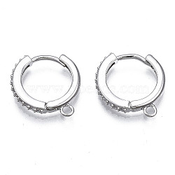 Brass Micro Pave Cubic Zirconia Huggie Hoop Earring Findings, with Horizontal Loop, Nickel Free, Ring, Clear, Platinum, 16x15x2mm, Hole: 1mm, Pin: 0.9mm(X-KK-T063-013P-NF)