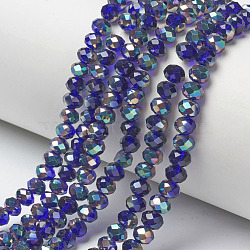 Electroplate Glass Beads Strands, Half Plated, Rainbow Plated, Faceted, Rondelle, Blue, 4x3mm, Hole: 0.4mm, about 123~127pcs/strand, 16.5~16.9 inch(42~43cm)(EGLA-A034-T4mm-J07)