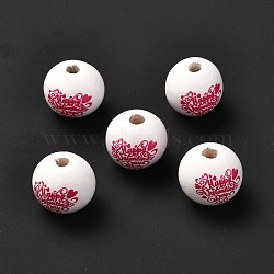 Printed Wood European Beads, Large Hole Beads, Round with Word Happy Valentine's Day Pattern, Dyed, White, 16x15mm, Hole: 4mm(WOOD-F011-04A)