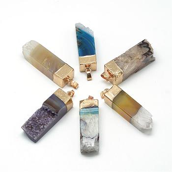 Natural Druzy Agate Pendants, with Brass Findings, Dyed, Cuboid, Golden, Mixed Color, 49~53x14~16x13~16mm, Hole: 7x4mm