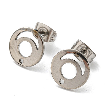 201 Stainless Steel Stud Earring Findings, with 304 Stainless Steel Pin & Hole & Friction Ear Nuts, Hollow Out Flat Round, Stainless Steel Color, 10mm, Hole: 1mm, Pin: 0.8mm