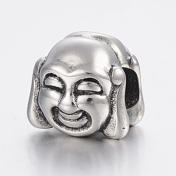 304 Stainless Steel European Beads, Large Hole Beads, Buddha, Antique Silver, 11x11.5x12mm, Hole: 5mm