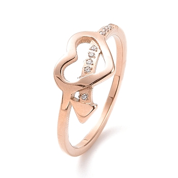 Crystal Rhinestone Heart with Arrow Finger Ring, Ion Plating(IP) 304 Stainless Steel Jewelry for Women, Rose Gold, US Size 7(17.3mm)