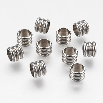 202 Stainless Steel Beads, Grooved Column, Stainless Steel Color, 7x5.5mm, Hole: 5mm