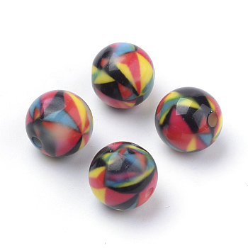 Opaque Printed Acrylic Beads, Round, Colorful, 10x9.5mm, Hole: 2mm