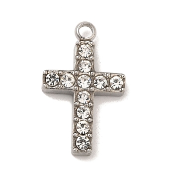 304 Stainless Steel Rhinestone Pendants, Cross, Stainless Steel Color, 18x11x3mm, Hole: 1.6mm