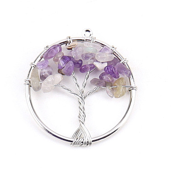 Natural Amethyst Tree fo Life Pendants, Iron Ring Chip Gems Tree Charms, Platinum, 30mm