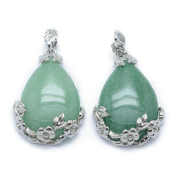 Natural Green Aventurine Pendants, with Alloy Findings, teardrop, Platinum, 40.5x28.5x10mm, Hole: 4.5x8mm