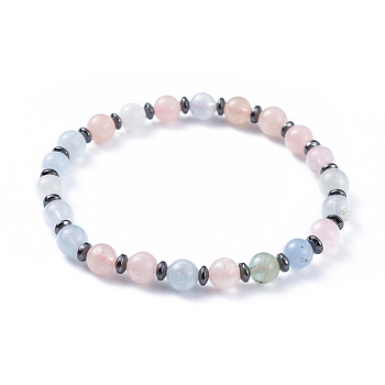 Natural Morganite Stretch Bracelets, with Non-Magnetic Synthetic Hematite Spacer Beads, 2-1/4 inch(5.7cm)