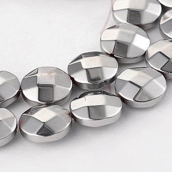 Electroplate Non-magnetic Synthetic Hematite Flat Round Bead Strands, Faceted, Platinum Plated, 10x4mm, Hole: 1mm, about 37pcs/strand, 15.35 inch