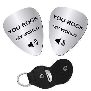 2Pcs 201 Stainless Steel Guitar Picks, Plectrum Guitar Accessories, with 1Pc PU Leather Guitar Clip, for Musical Instrument Accessories, Word, 115x47x1.3mm