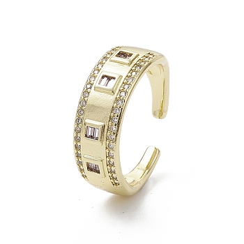 Rack Plating Brass Micro Pave Cubic Zirconia Open Cuff Rings, Rectangle, Real 18K Gold Plated, US Size 8 3/4(18.7mm)