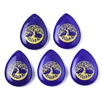 Natural White Jade Pendants, Teardrop with Tree of Life Pattern, Dyed, 32~33.5x25~26x6.5~7.5mm, Hole: 2mm, 6pcs/bag
