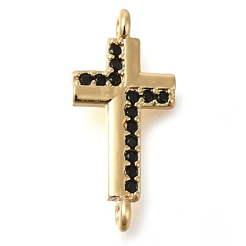 Brass Pave Black Cubic Zirconia Connector Charms, Religion Cross Links, Real 16K Gold Plated, 20x9x3mm, Hole: 1.2mm