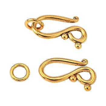 Tibetan Style Alloy Hook and Eye Clasps, Antique Golden, Lead Free, Cadmium Free and Nickel Free, Size: Hook: 12mm wide, 20.5mm long, Eye: 7.5mm in diameter, hole: 5mm