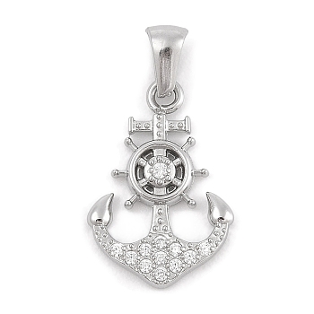 304 Stainless Steel Micro Pave Cubic Zirconia Pendants, Anchor & Helm Charm, Stainless Steel Color, 22x15x2.5mm, Hole: 3x6mm