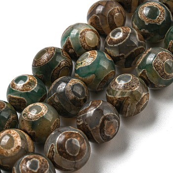 Tibetan Style dZi Beads Strands, Natural & Dyed Agate Beads, Round, Dark Goldenrod, 3-Eye, 10mm, Hole: 1.4mm, about 37pcs/strand, 14.57''(37cm)