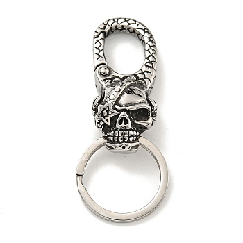 Tibetan Style 316 Surgical Stainless Steel Fittings with 304 Stainless Steel Key Ring, Skull, Antique Silver, 70mm