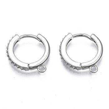 Brass Micro Pave Cubic Zirconia Huggie Hoop Earring Findings, with Horizontal Loop, Nickel Free, Ring, Clear, Platinum, 16x15x2mm, Hole: 1mm, Pin: 0.9mm