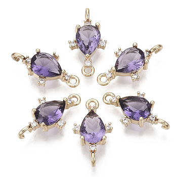 Glass Links connectors, with Brass Micro Pave Cubic Zirconia, Faceted, Teardrop, Light Gold, Blue Violet, 18x9.5x4.5mm, Hole: 1.2mm