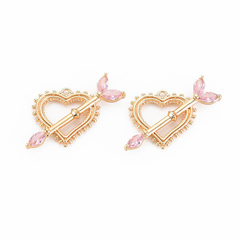 Brass Micro Pave Cubic Zirconia Pendants, Nickel Free, Real 18K Gold Plated, An Arrow Through A Heart, Pink, 17x29x3.5mm, Hole: 1.2mm